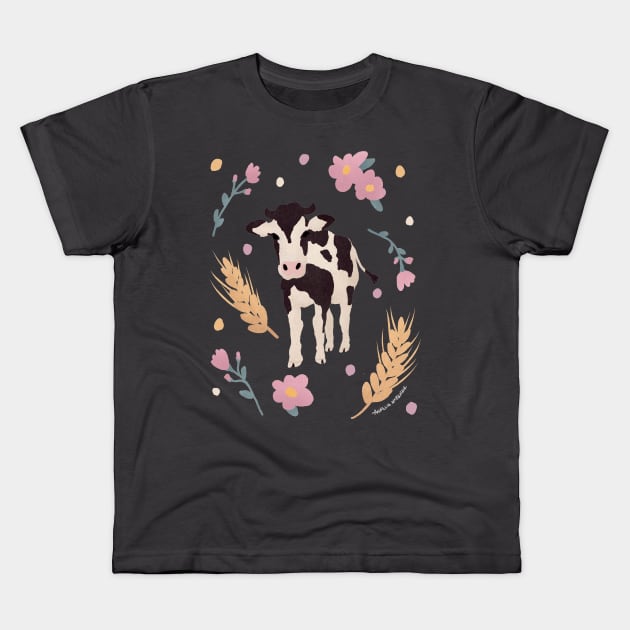 Cow Portrait with Wheat and Flowers Kids T-Shirt by Annelie